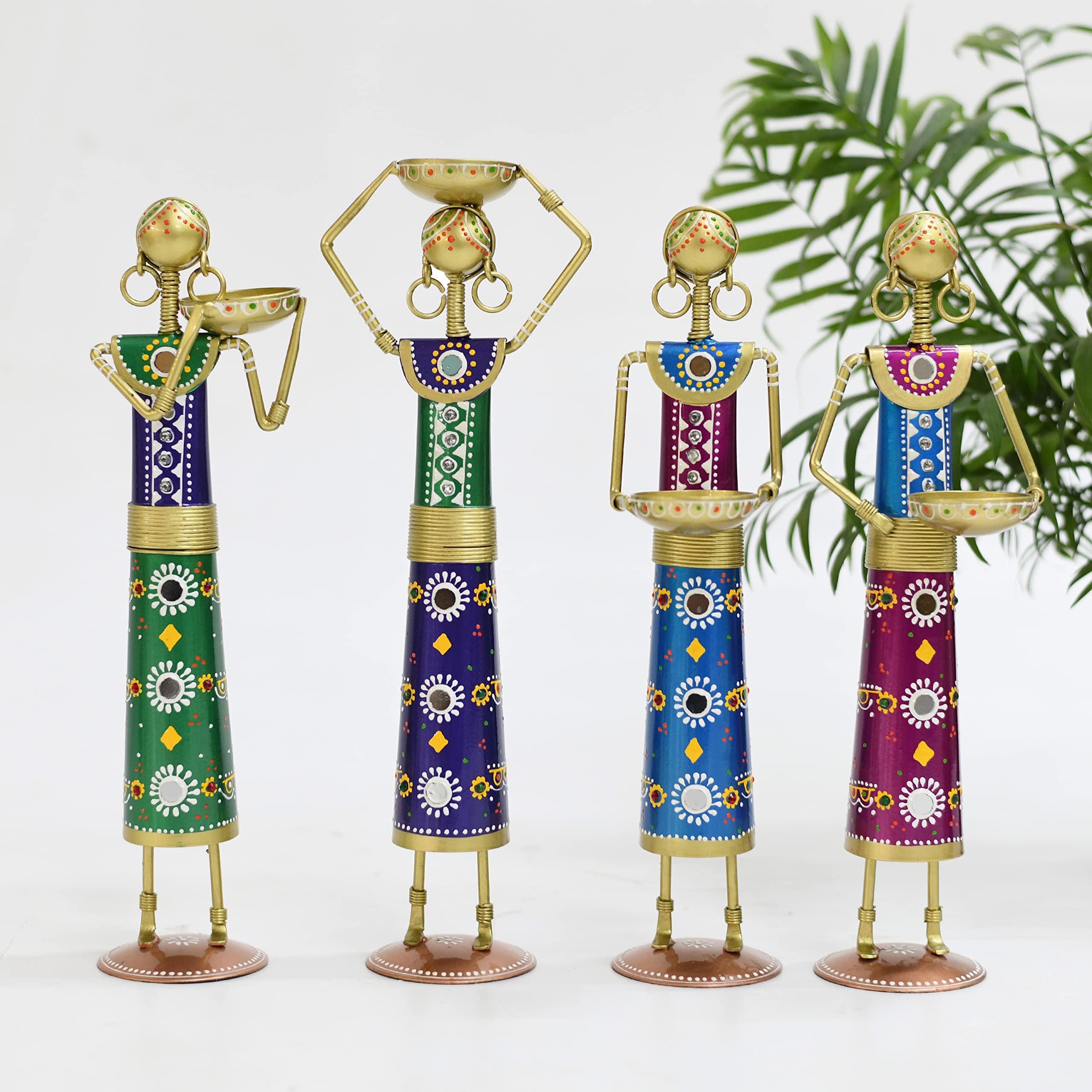 Lamcy Plaza Metal Rajasthani Kalbelia Tea Light Doll - 14 Inch (Set of 4) | Multicolour Antique Decorative Candle Holder for Home Decor, Living Room, Bedroom