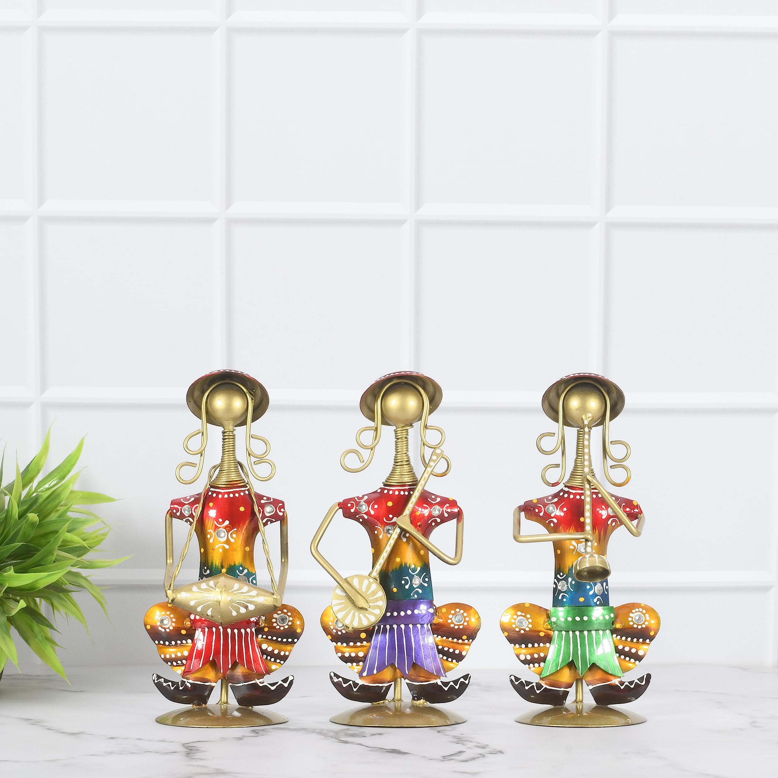 Lamcy Plaza Metal Rajasthani Kalbelia Tea Light Doll - 14 Inch (Set of 4) | Multicolour Antique Decorative Candle Holder for Home Decor, Living Room, Bedroom