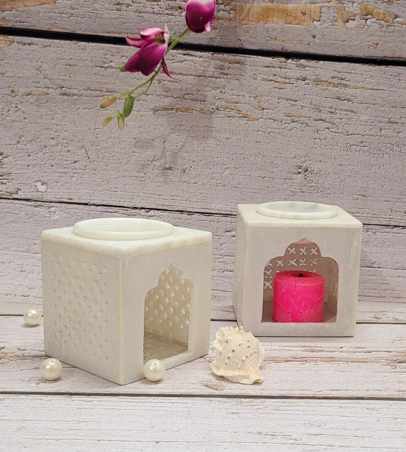 RM 4-Inch White Marble Candle Holder Set – Handcrafted Tealight Holders for Home Decor, Festive Centerpieces, Meditation & Gifting | Rameshwaram Marble