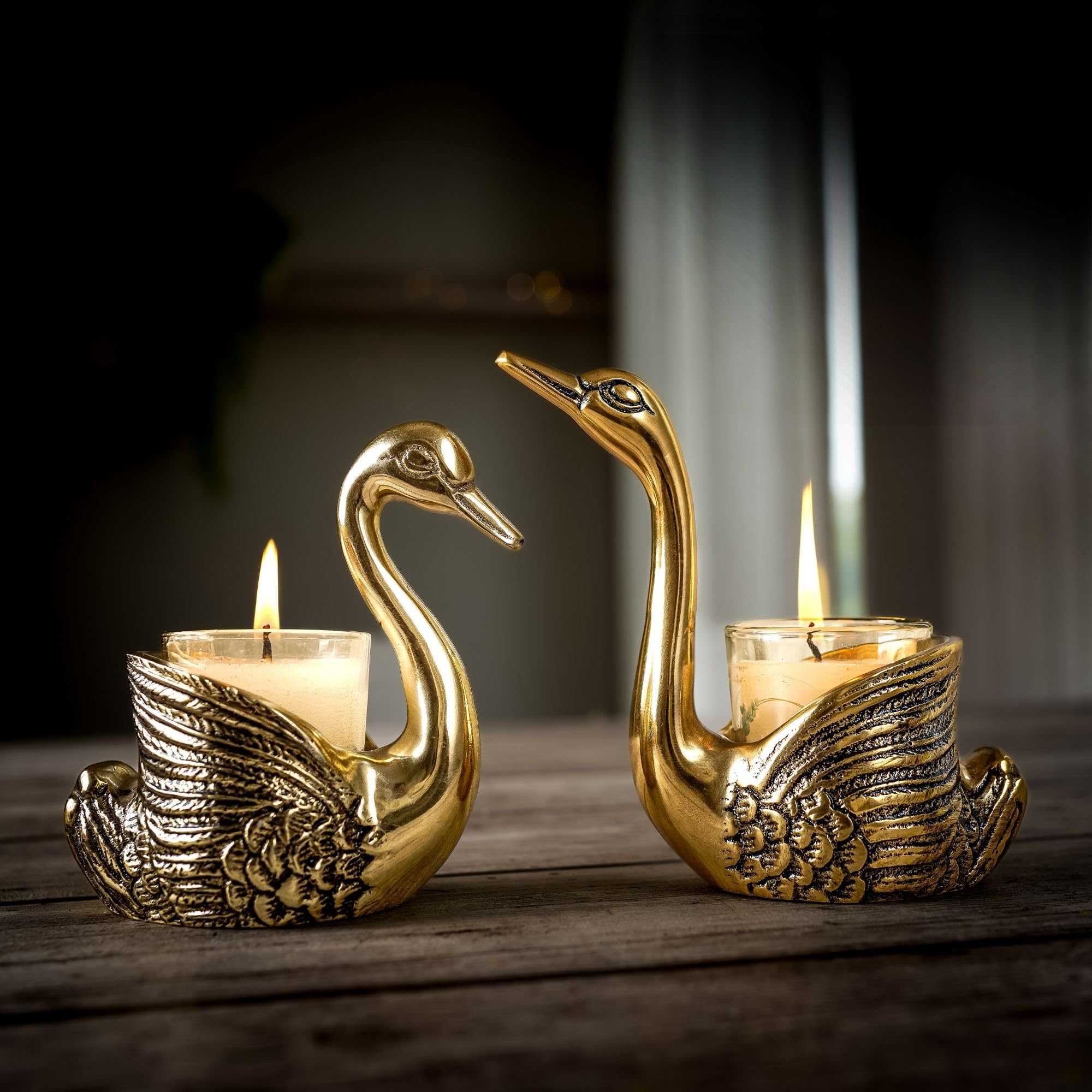 BEHOMA Aluminium Dancing Peacock Pair Figurine for Good Luck and Love | for Home Decor Tabletop Living Showpiece for Valentine's Day, Birthday(Scented Glass Votive Candle Included), Gold,18.5 Cm,11 Cm