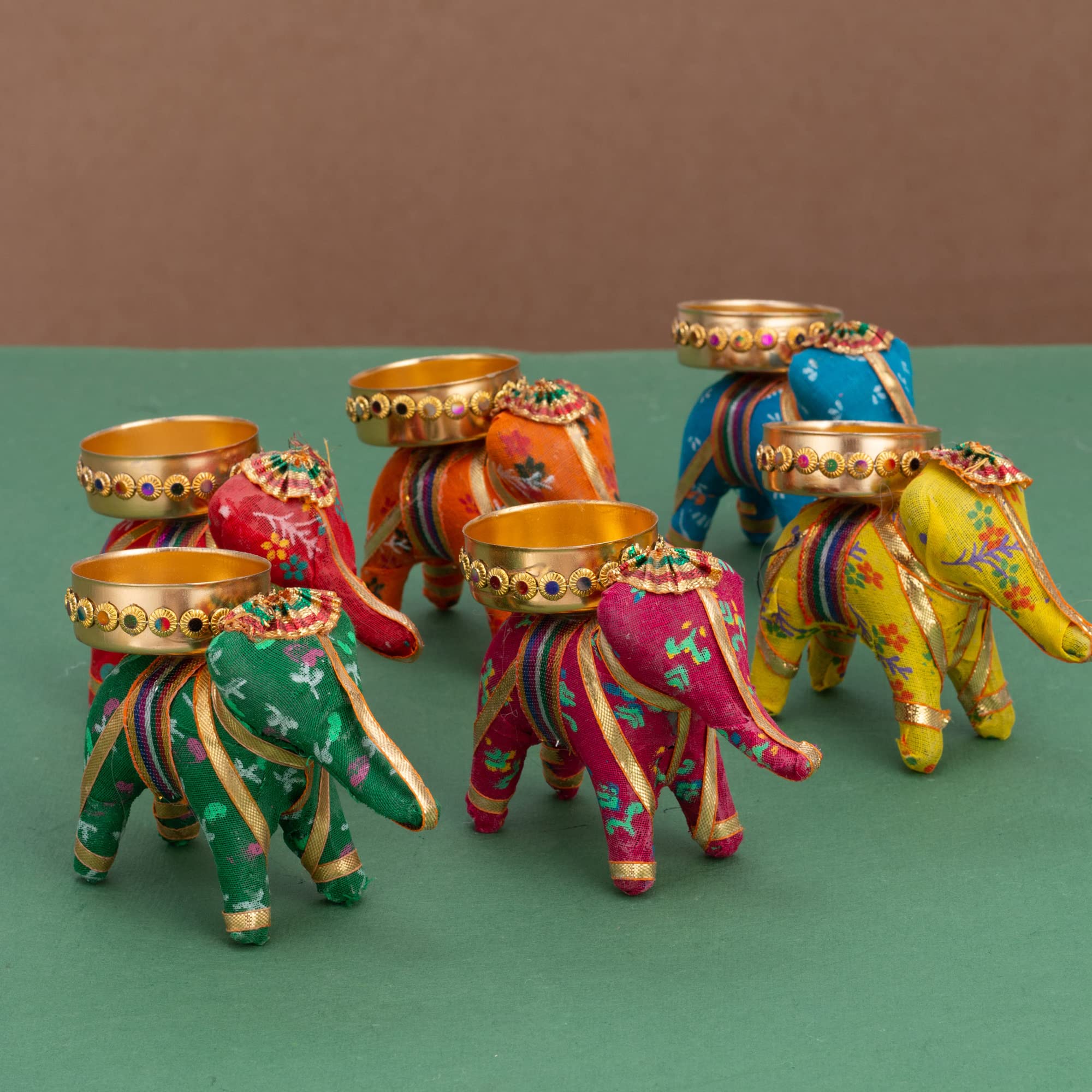 JH Gallery Handcrafted Recycled Material Elephant Tealight Candle Holder Home Decoration Item for Diwali Decor (Multicolor, 8 X 5 X 10 Cm) - Pack of 6