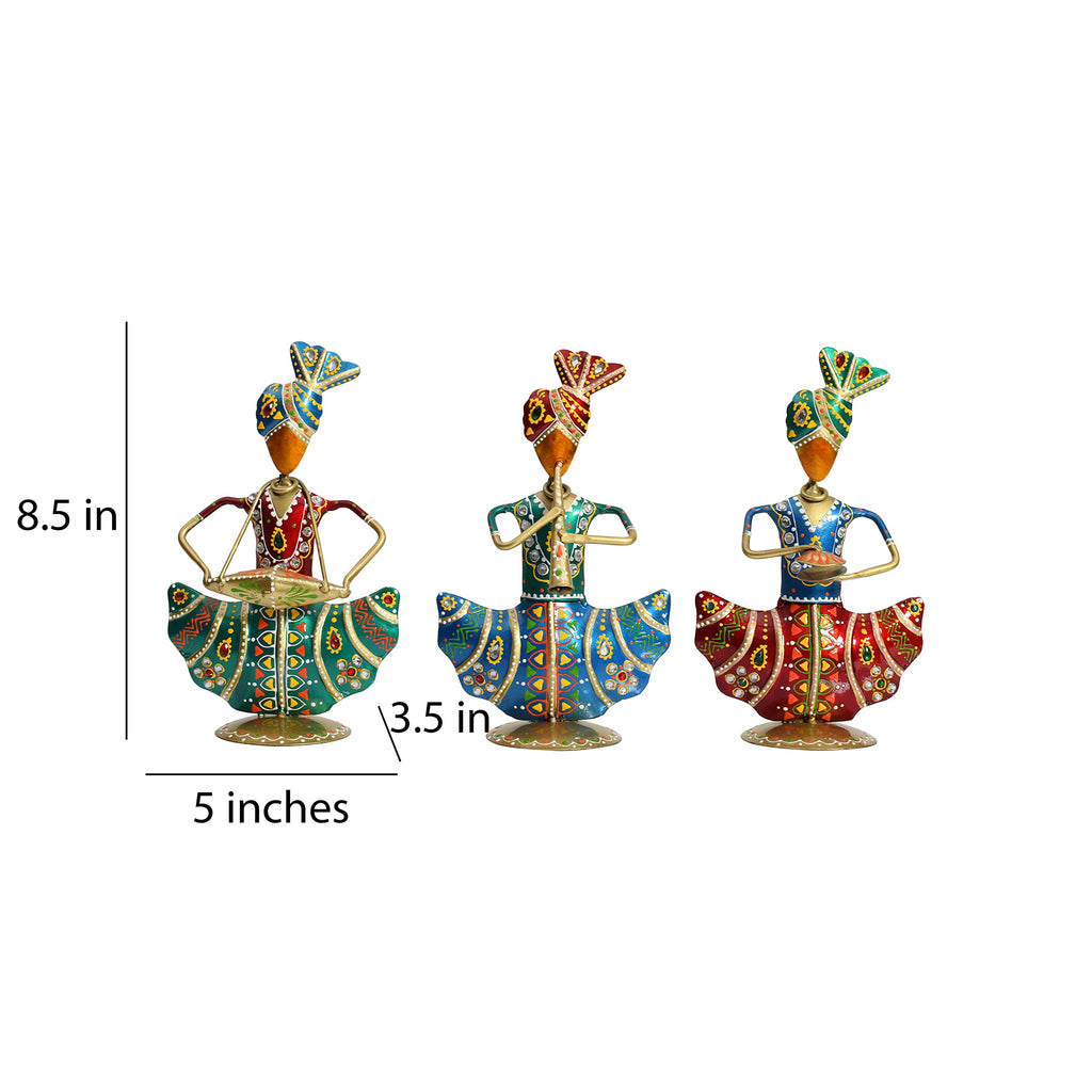 Lamcy Plaza Metal Rajasthani Kalbelia Tea Light Doll - 14 Inch (Set of 4) | Multicolour Antique Decorative Candle Holder for Home Decor, Living Room, Bedroom