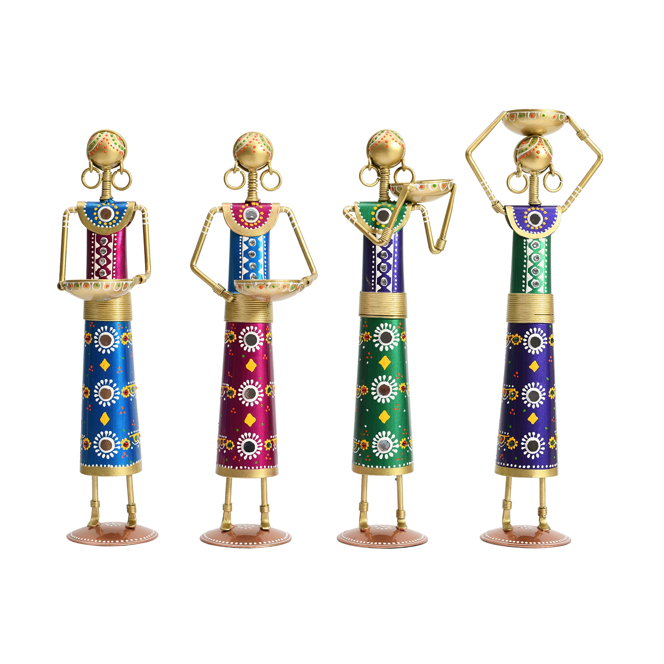 Lamcy Plaza Metal Rajasthani Kalbelia Tea Light Doll - 14 Inch (Set of 4) | Multicolour Antique Decorative Candle Holder for Home Decor, Living Room, Bedroom