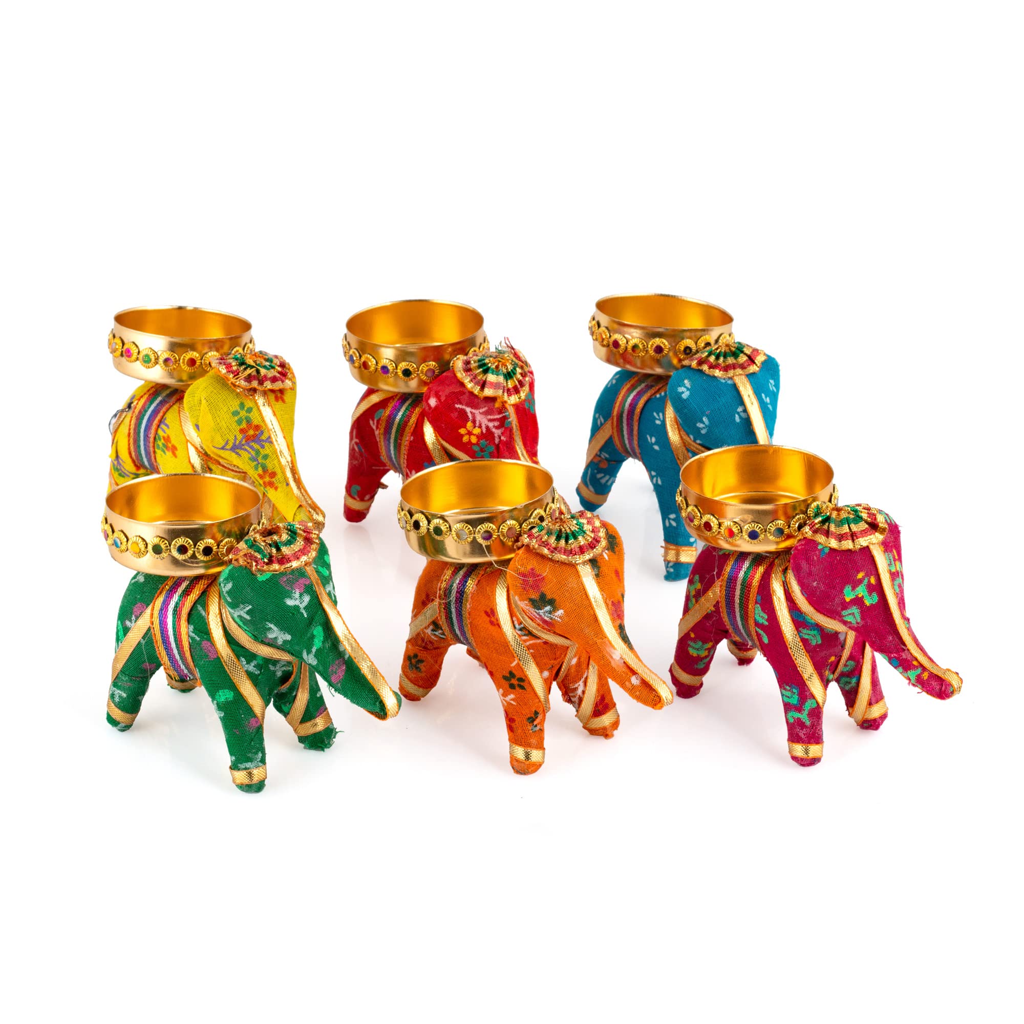 JH Gallery Handcrafted Recycled Material Elephant Tealight Candle Holder Home Decoration Item for Diwali Decor (Multicolor, 8 X 5 X 10 Cm) - Pack of 6