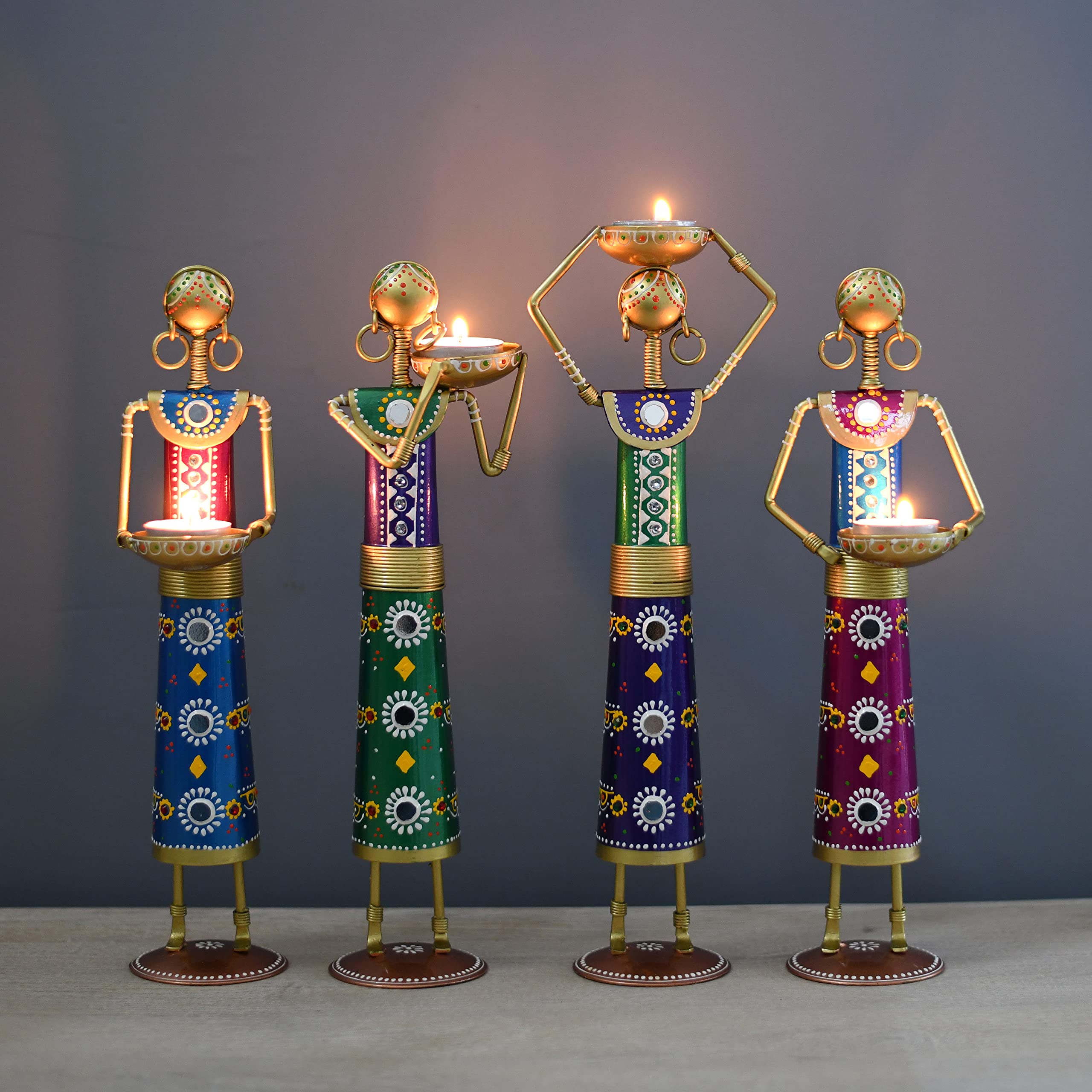 Lamcy Plaza Metal Rajasthani Kalbelia Tea Light Doll - 14 Inch (Set of 4) | Multicolour Antique Decorative Candle Holder for Home Decor, Living Room, Bedroom