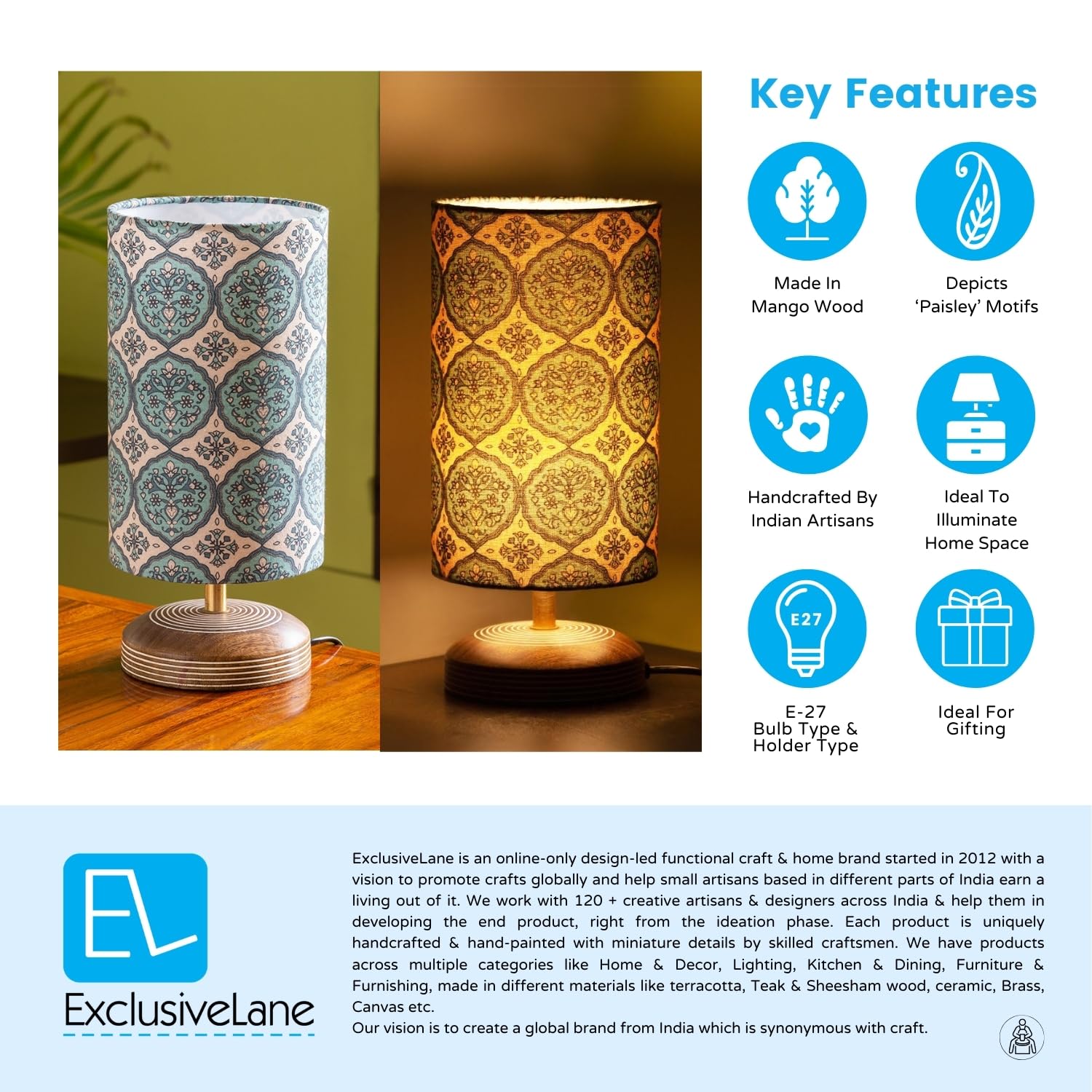 ExclusiveLane 'Paisely' Wooden Bedside LED Table Lamp Side Table Lamp for Bedroom&Living Room(14 Inch,Wood,Without Bulb,Pack of 1)|Table Lamps for Home Decoration Office Study Side Lamp
