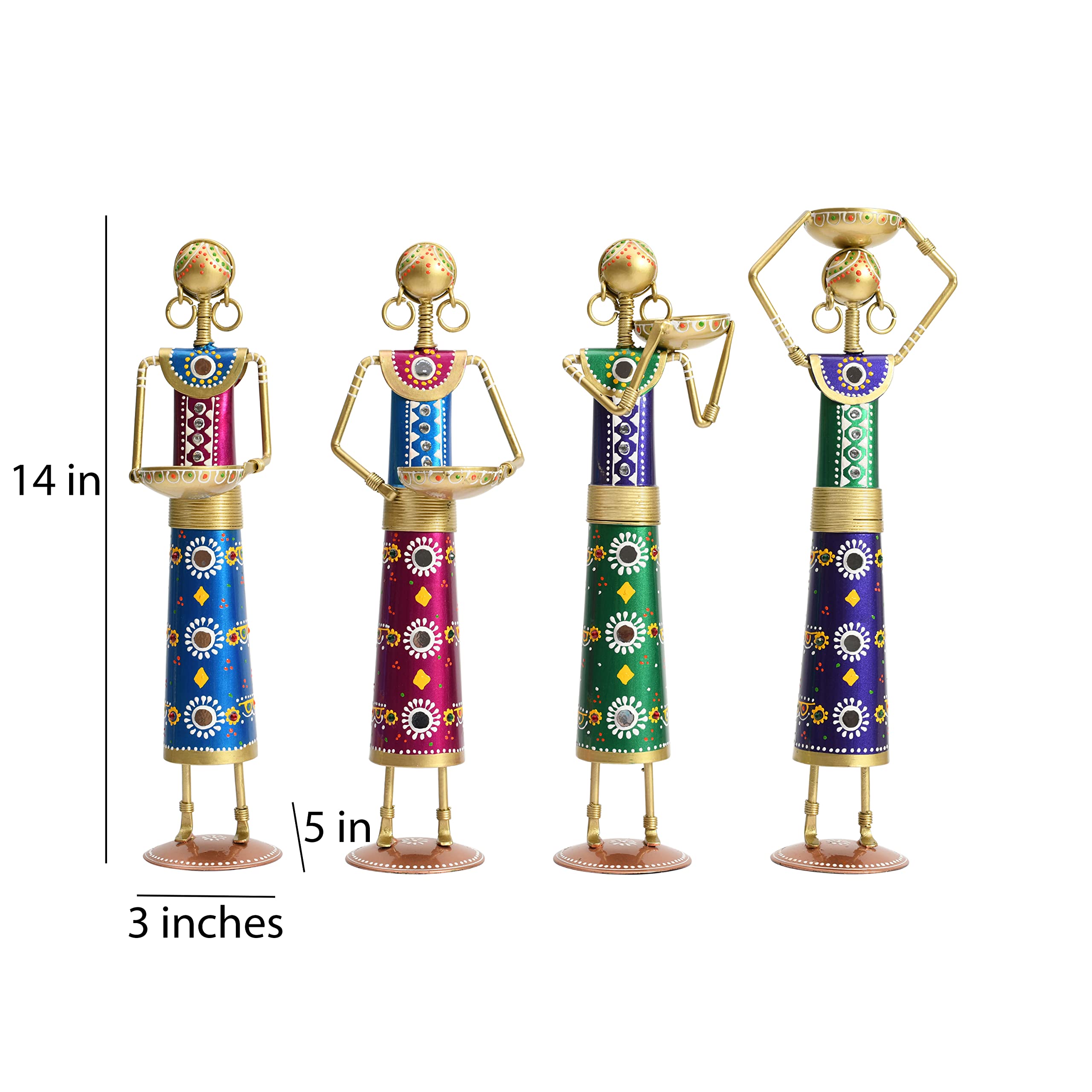 Lamcy Plaza Metal Rajasthani Kalbelia Tea Light Doll - 14 Inch (Set of 4) | Multicolour Antique Decorative Candle Holder for Home Decor, Living Room, Bedroom