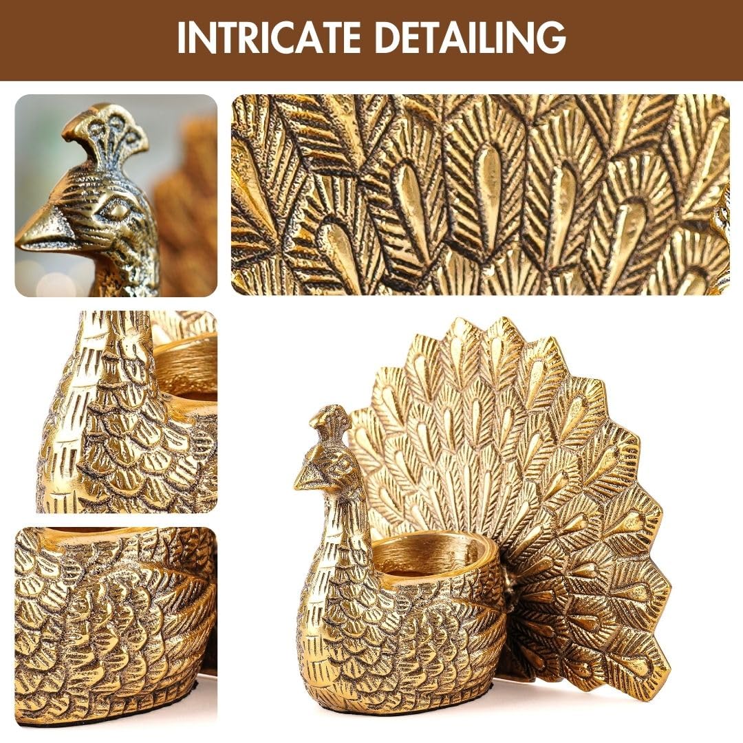 BEHOMA Aluminium Dancing Peacock Pair Figurine for Good Luck and Love | for Home Decor Tabletop Living Showpiece for Valentine's Day, Birthday(Scented Glass Votive Candle Included), Gold,18.5 Cm,11 Cm