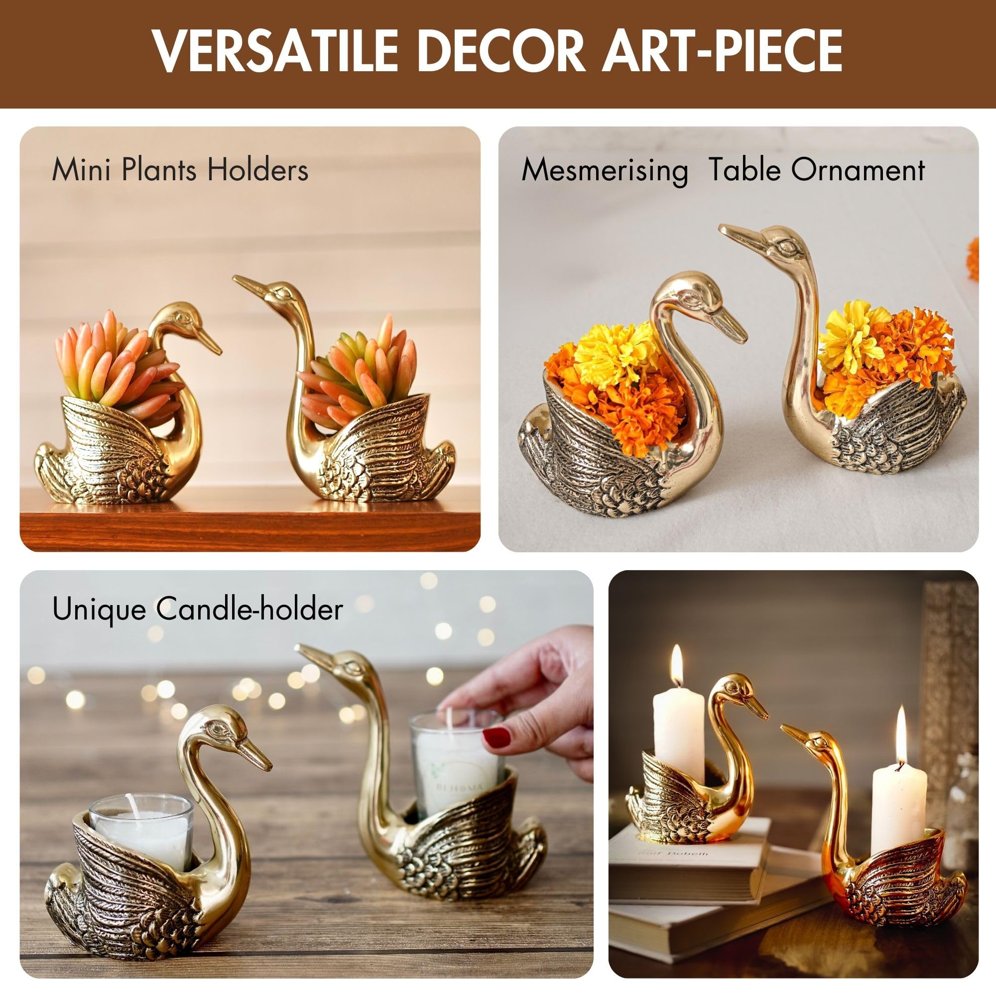 BEHOMA Aluminium Dancing Peacock Pair Figurine for Good Luck and Love | for Home Decor Tabletop Living Showpiece for Valentine's Day, Birthday(Scented Glass Votive Candle Included), Gold,18.5 Cm,11 Cm