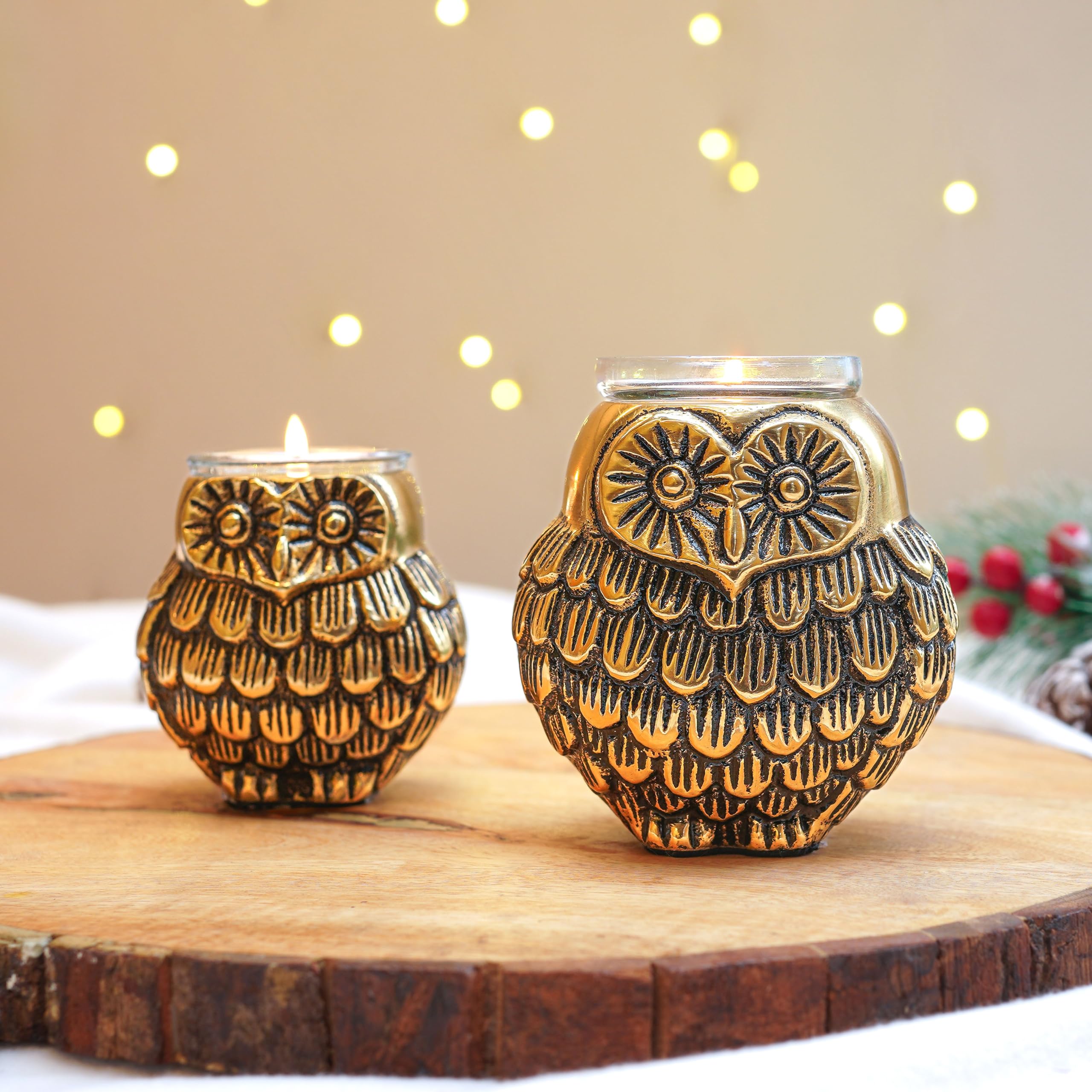 BEHOMA Aluminium Dancing Peacock Pair Figurine for Good Luck and Love | for Home Decor Tabletop Living Showpiece for Valentine's Day, Birthday(Scented Glass Votive Candle Included), Gold,18.5 Cm,11 Cm