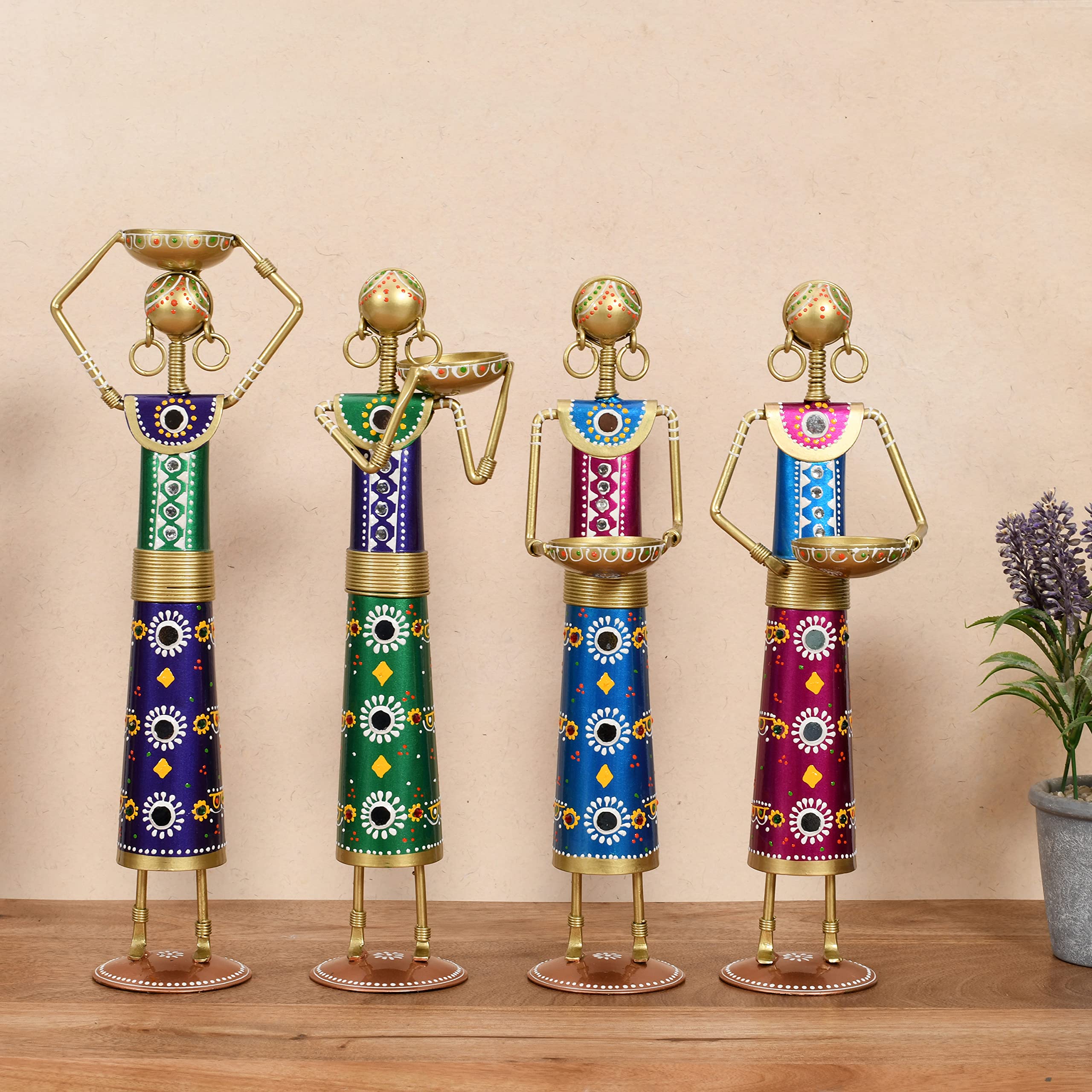 Lamcy Plaza Metal Rajasthani Kalbelia Tea Light Doll - 14 Inch (Set of 4) | Multicolour Antique Decorative Candle Holder for Home Decor, Living Room, Bedroom