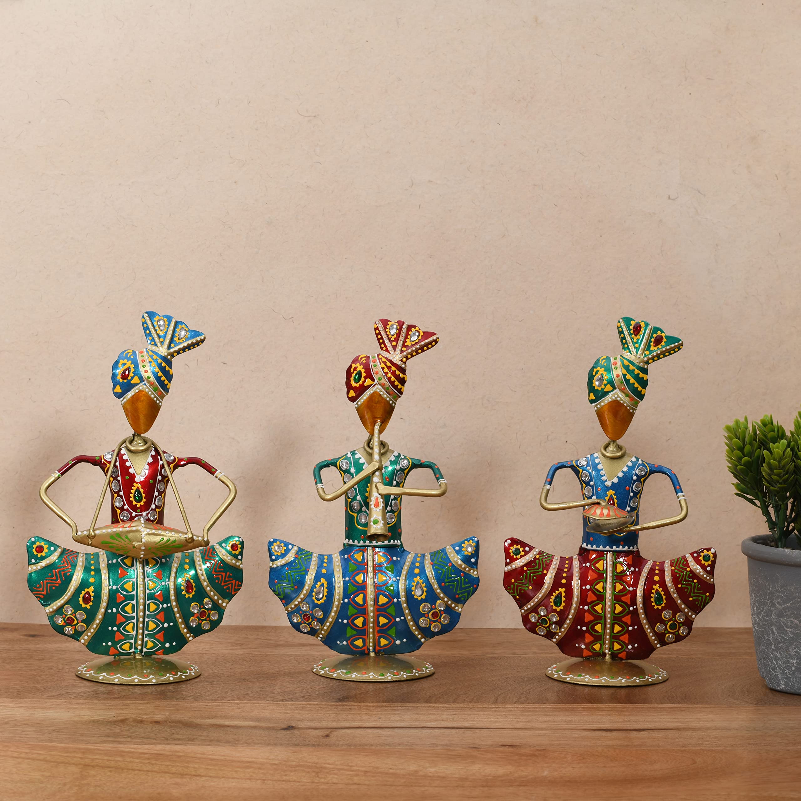 Lamcy Plaza Metal Rajasthani Kalbelia Tea Light Doll - 14 Inch (Set of 4) | Multicolour Antique Decorative Candle Holder for Home Decor, Living Room, Bedroom