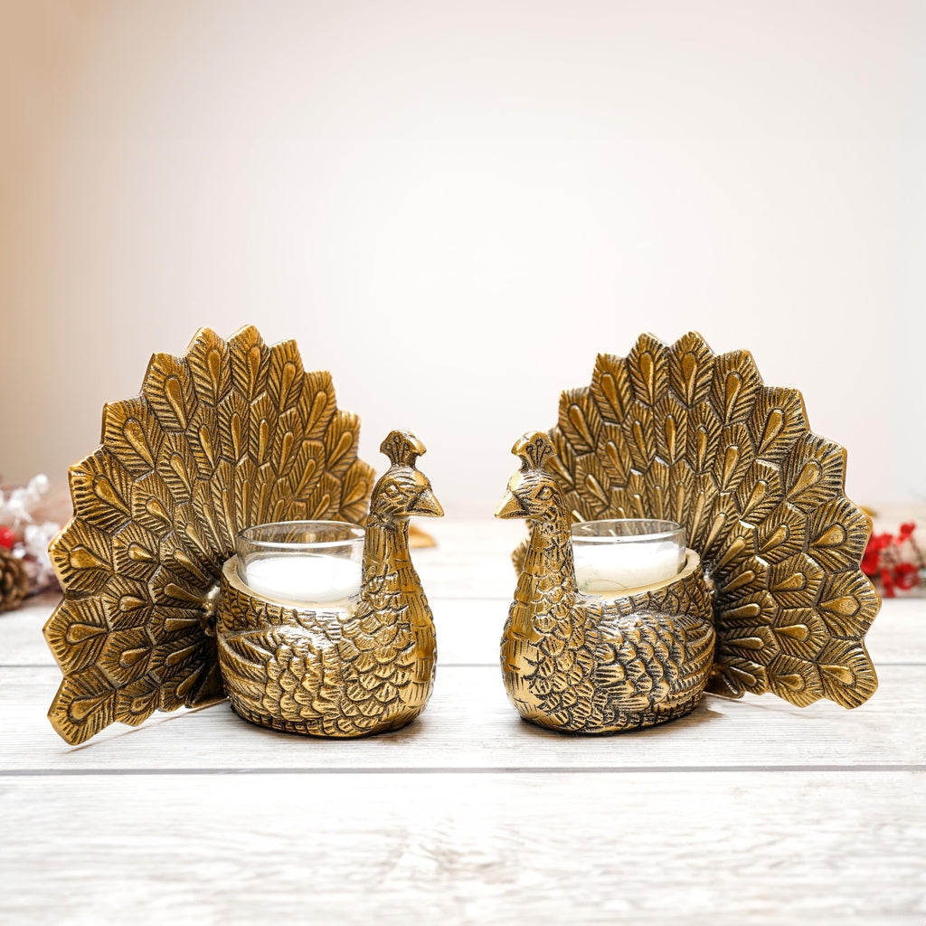 BEHOMA Aluminium Dancing Peacock Pair Figurine for Good Luck and Love | for Home Decor Tabletop Living Showpiece for Valentine's Day, Birthday(Scented Glass Votive Candle Included), Gold,18.5 Cm,11 Cm