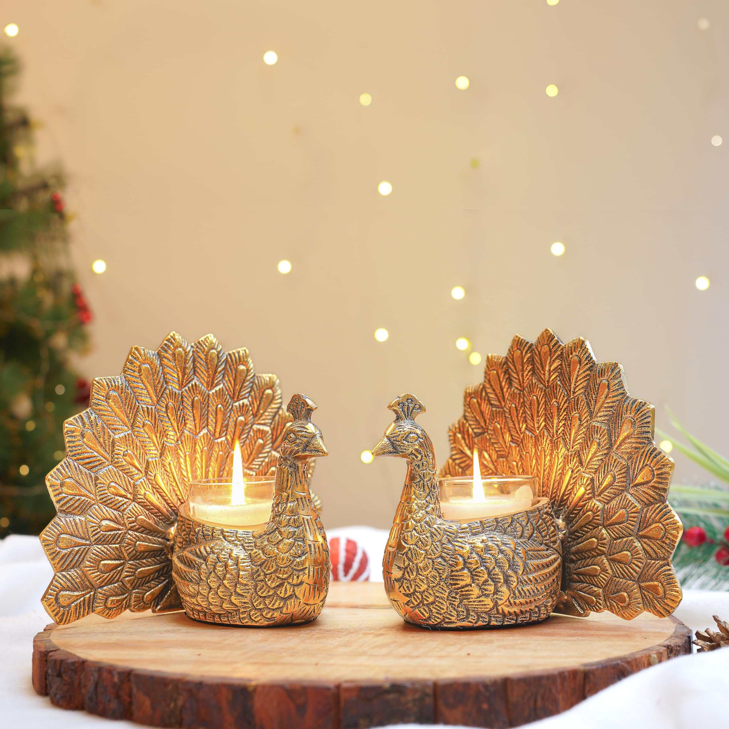 BEHOMA Aluminium Dancing Peacock Pair Figurine for Good Luck and Love | for Home Decor Tabletop Living Showpiece for Valentine's Day, Birthday(Scented Glass Votive Candle Included), Gold,18.5 Cm,11 Cm