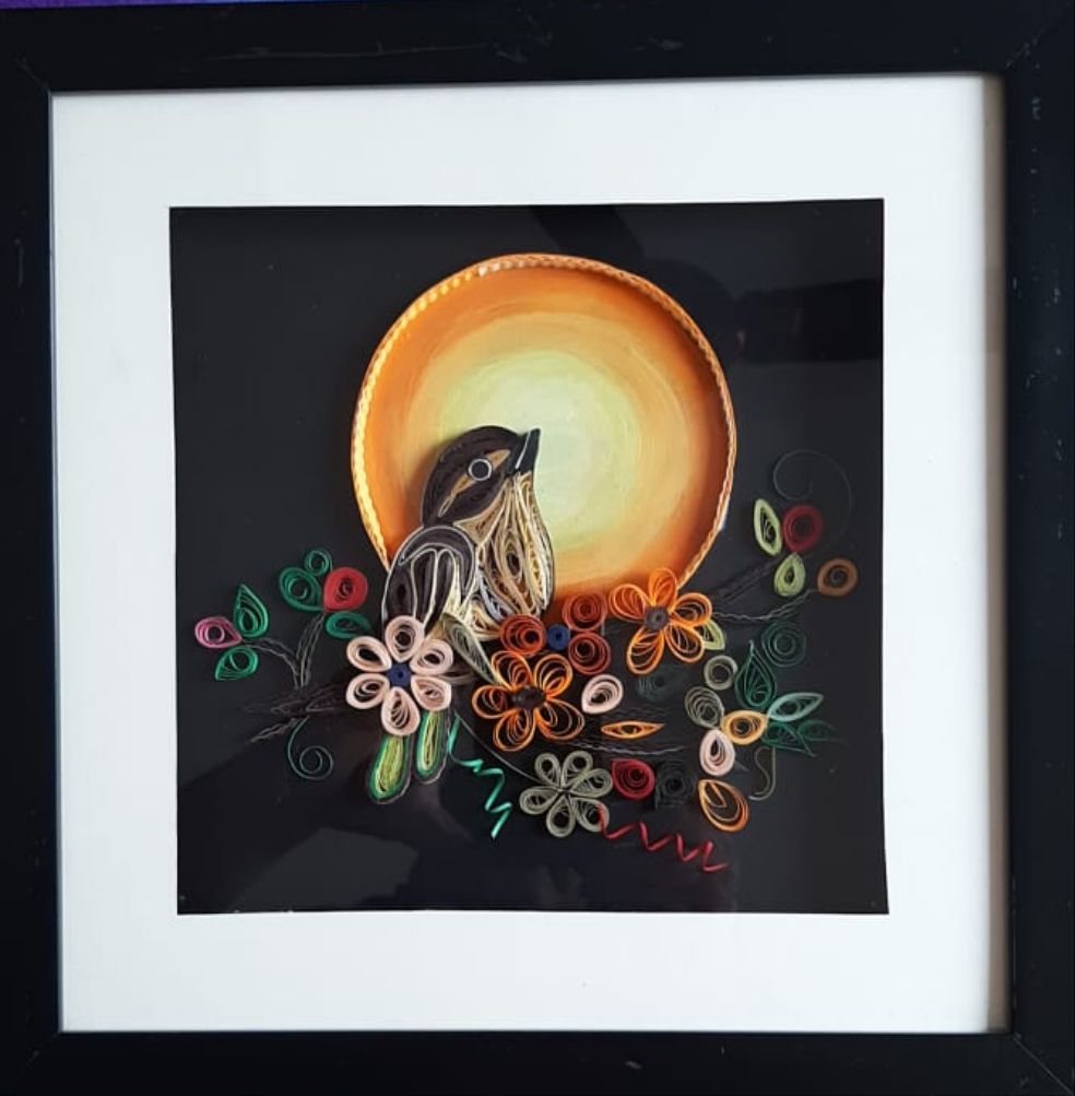 Handmade Quilling Art – Bird with Sunset & Floral Frame