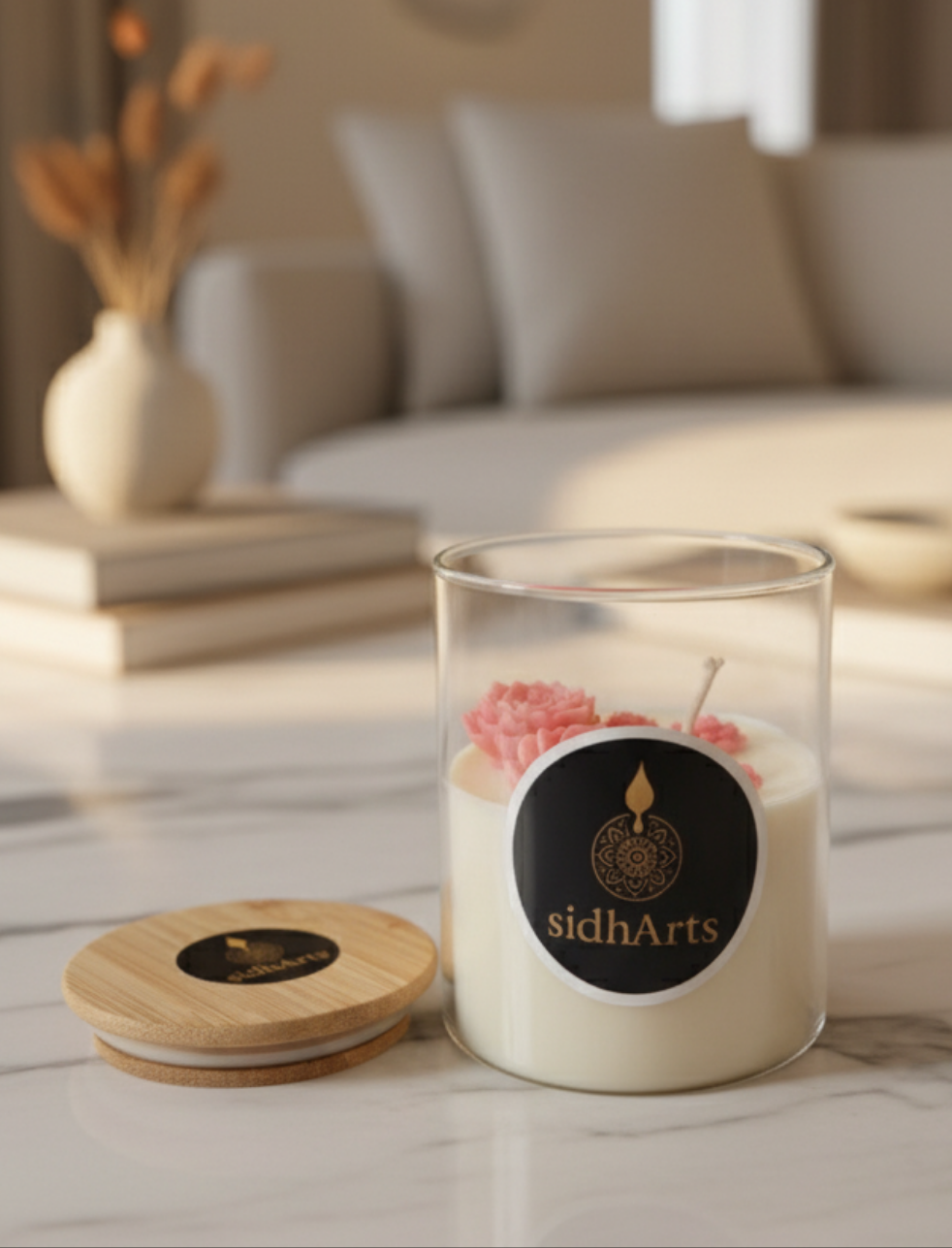 SidhArts Luxury Rose Fragrance Scented Candle | Handcrafted Floral Design | Natural Soy Wax with Wooden Lid | Premium Home Décor & Gifting Candle