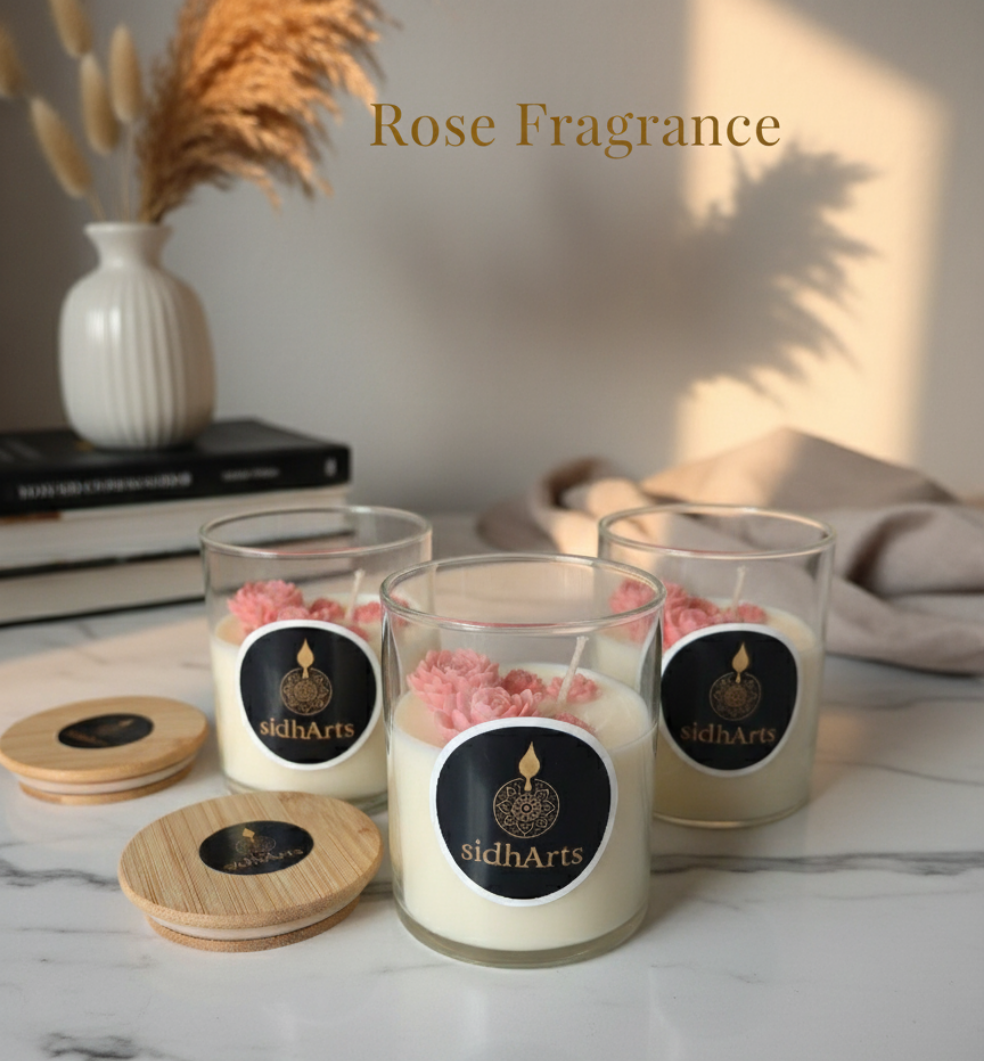 SidhArts Luxury Rose Fragrance Scented Candle | Handcrafted Floral Design | Natural Soy Wax with Wooden Lid | Premium Home Décor & Gifting Candle