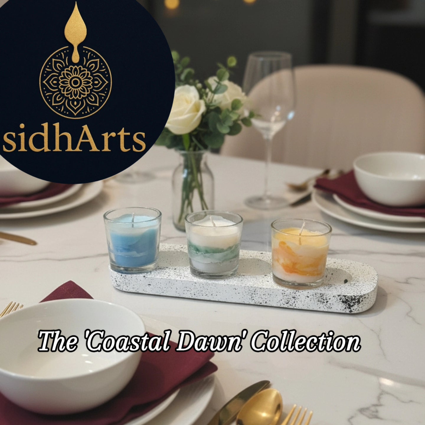 Serenity Glow Trio: Hand-Poured Scented Votive Candles on Speckled Tray