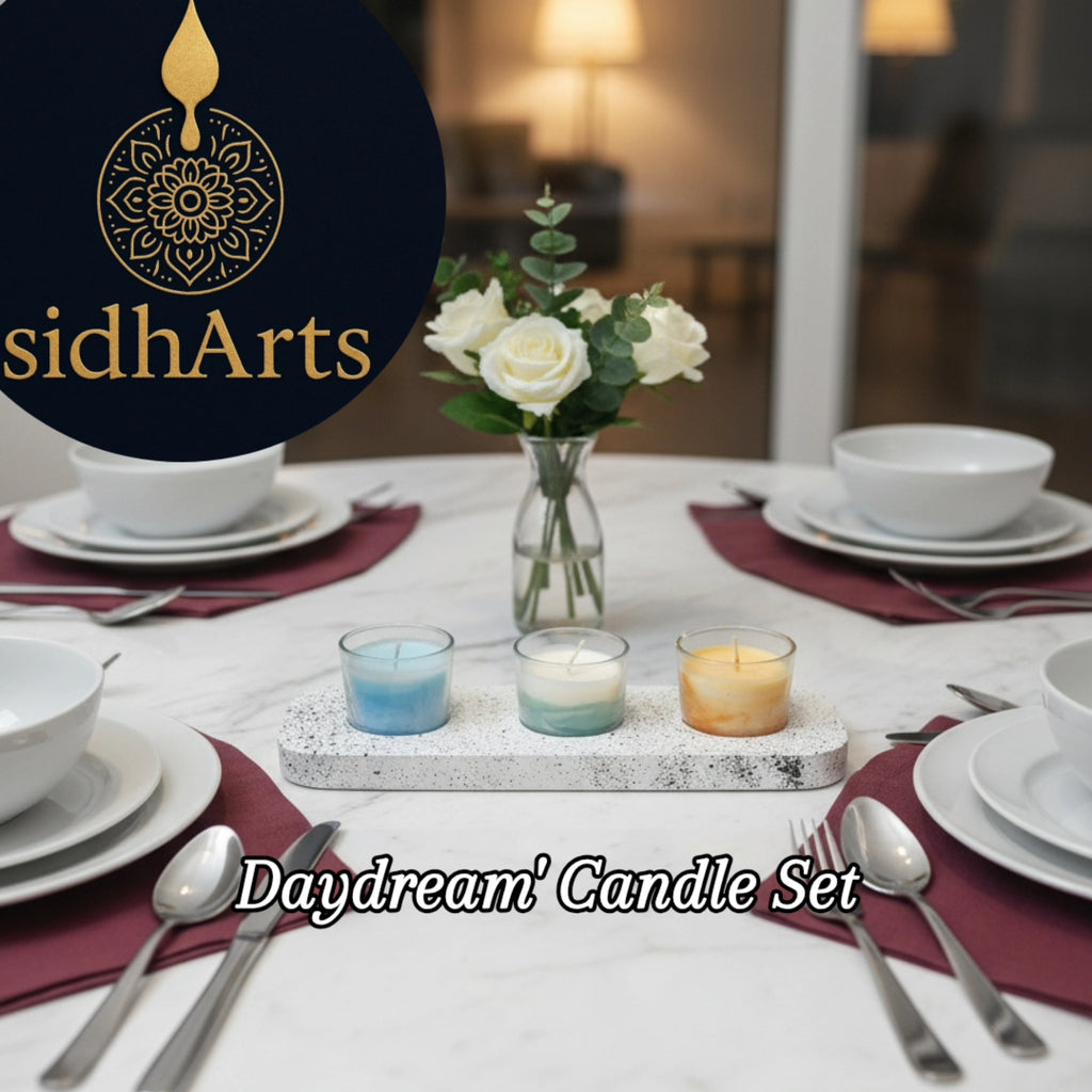 Serenity Glow Trio: Hand-Poured Scented Votive Candles on Speckled Tray